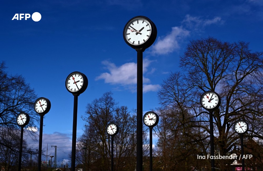 Clocks of the art installation 'Zeitfeld' (time field) by German artist Klaus Rinke are seen in Duesseldorf