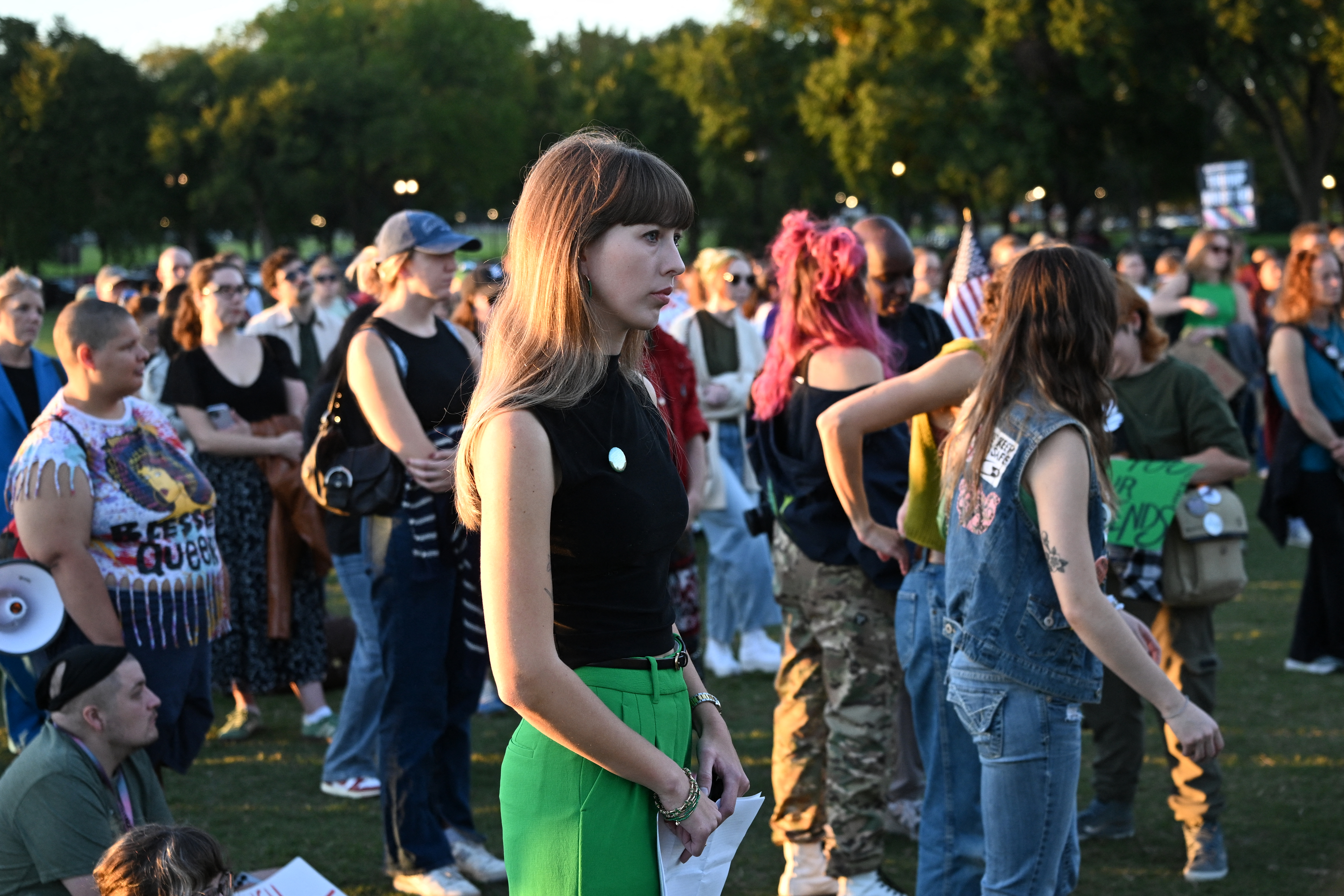 Demonstrators with the feminist-led movement Women’s March protest in Washington, DC on October 8, 2026. US prosecutors have reopened an investigation into an alleged 2024 gang rape at Cornell University following claims the elite university failed to properly punish the men involved. The alleged victim said in a civil lawsuit this month she was drugged with ketamine, assaulted and raped in 2024 by seven members of the Chi Phi fraternity -- a social club for male students. Cornell expelled the students invo