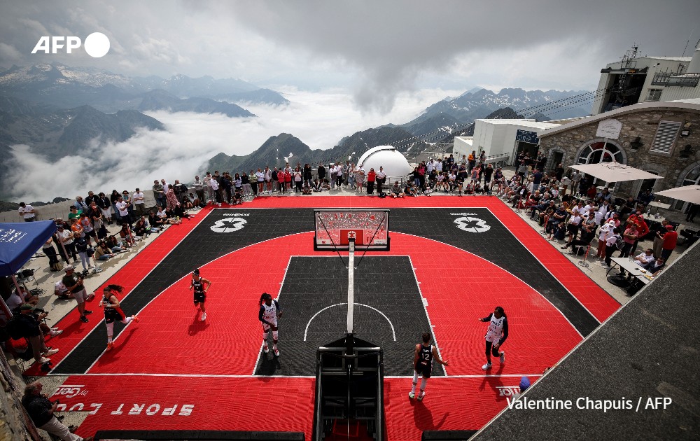 Players of the French women's 3X3 basketball team perform an exhibition match