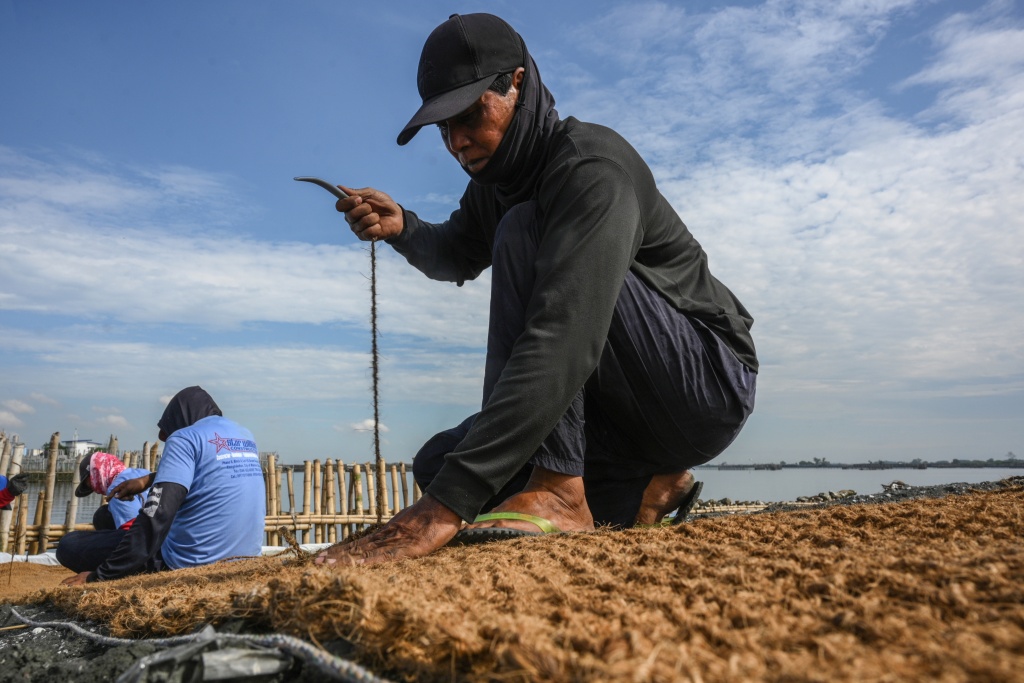 Workers sew coconut-fibre bags on a breakwater at Pamarawan Island in Malolos City, Bulacan province in the Philippines — Ted ALJIBE / AFP
