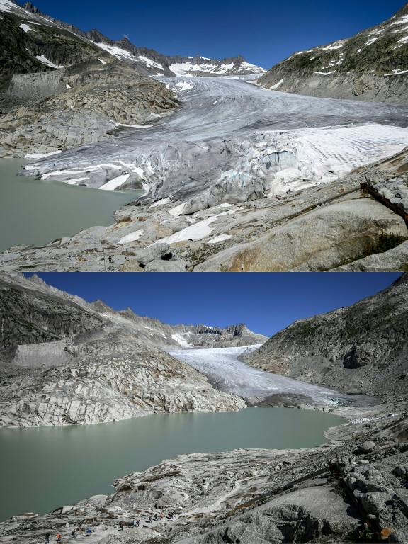The extent of the Rhone glacier in July 2015 (top) and July 2026 (bottom) — Fabrice COFFRINI / AFP