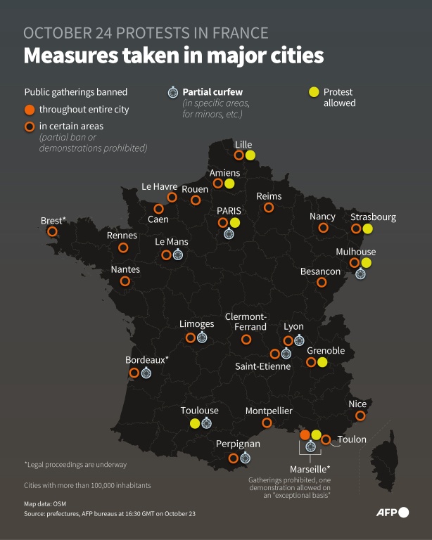 Infographic with a map of France showing the measures taken by authorities in major cities to allow, ban, or partially restrict protests or gatherings on October 24, following scenes of chaos in protests the previous week — Sylvie HUSSON, Valentina BRESCHI / AFP