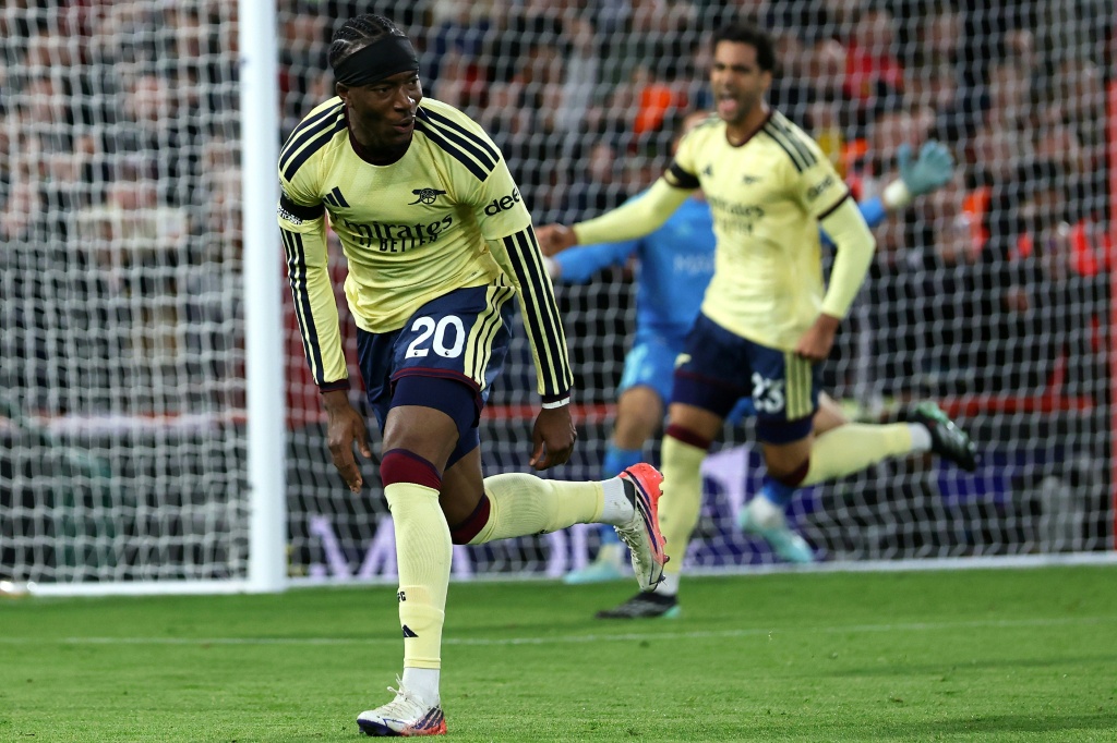 Arsenal's Noni Madueke celebrates his goal against Nottingham Forest — Darren Staples / AFP