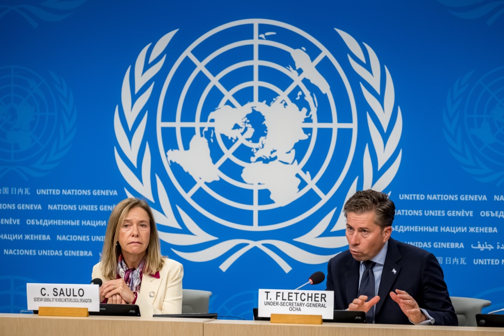 WMO secretary-general Celeste Saulo (L) and UN humanitarian chief Tom Fletcher addressed reporters in Geneva — Fabrice COFFRINI / AFP