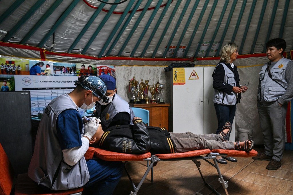 A dentist checks a child's teeth at a mobile dental clinic inside a traditional Mongolian ger in Ulaanbaatar — Hector RETAMAL / AFP