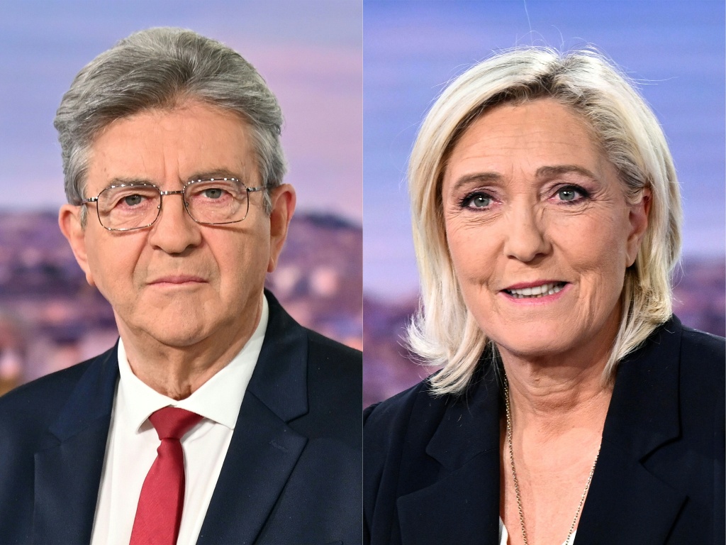 Presidential candidates Jean-Luc Mélenchon, of the far-left France Unbowed party, and Marine Le Pen, of the far-right National Rally party, are vying to succeed Emmanuel Macron — Julie SEBADELHA, JULIEN DE ROSA / AFP