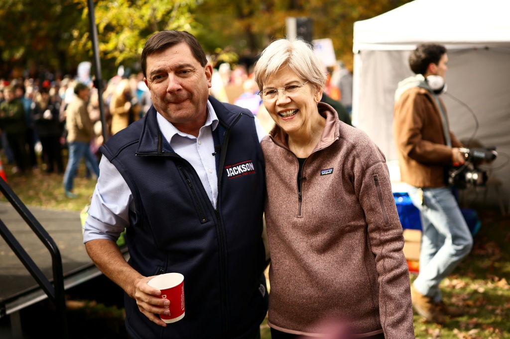 Democratic US Senate candidate Troy Jackson is joined by Senator Elizabeth Warren at a 'No Kings' rally in Portland, Maine less than three weeks before US midterm elections — CHARLY TRIBALLEAU / AFP