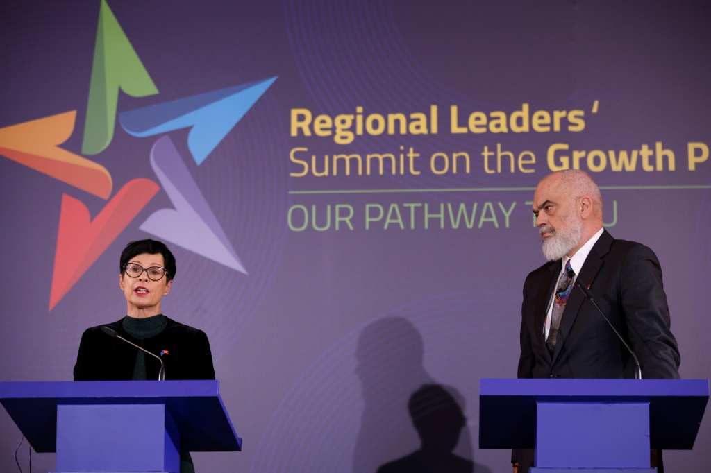 Hard talk: EU Enlargement Commissioner Marta Kos (left) with Albanian Prime Minister Edi Rama at a summit in Tirana — Adnan Beci / AFP
