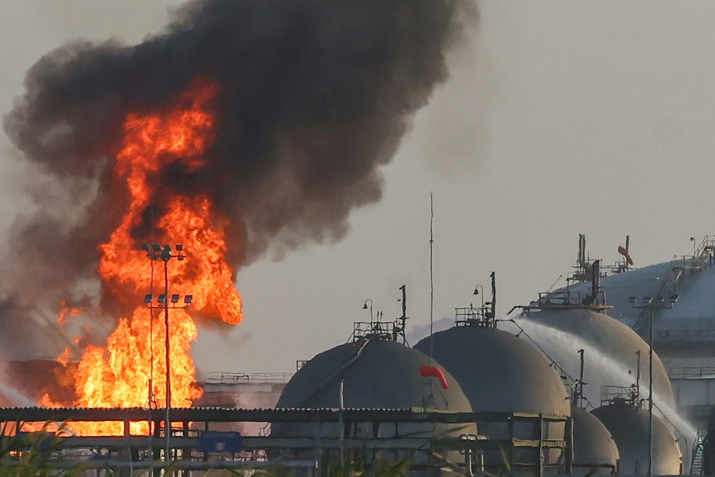 A facility belonging to Saudi oil giant Aramco south of Riyadh was ablaze on Saturday, with Yemen's Houthis claiming a strike — - / AFP