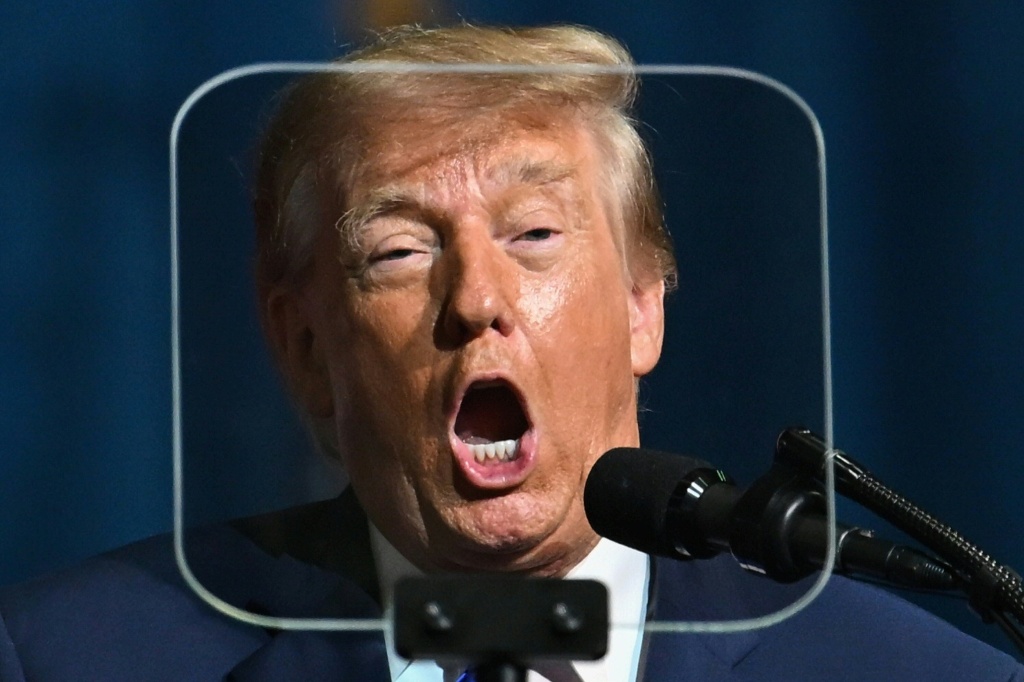US President Donald Trump is seen through a teleprompter as he speaks at a midterm campaign rally in South Carolina — Kent NISHIMURA / AFP
