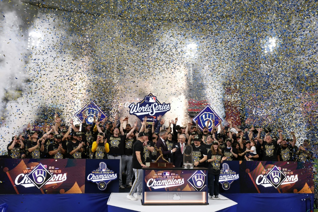 The Milwaukee Brewers celebrate during the trophy presentation after beating the Tampa Bay Rays for a first World Series title in franchise history — ELSA