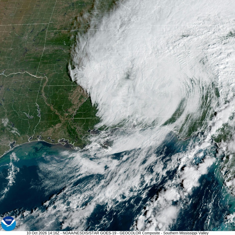 A satellite image shows Tropical Storm Isaias over the southeastern United States on October 10, 2026, after making landfall in Florida — Handout / AFP