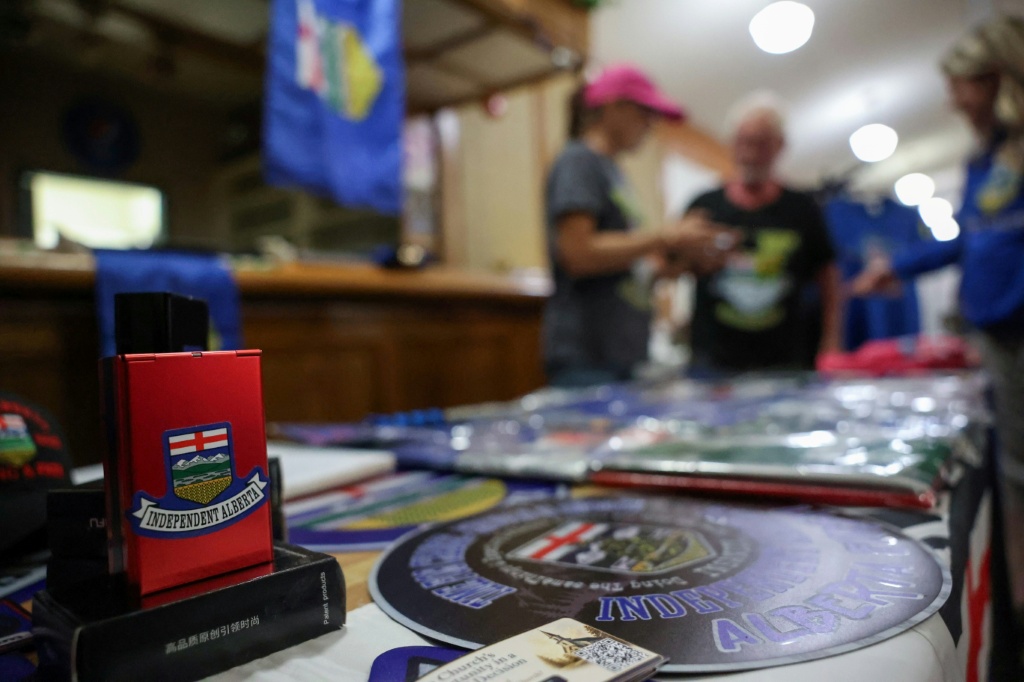 An "Independent Alberta" slogan is seen on an item for sale during a separatist event at a community hall in Redcliff, Alberta, on September 23, 2026. — ABED ZAQ / AFP