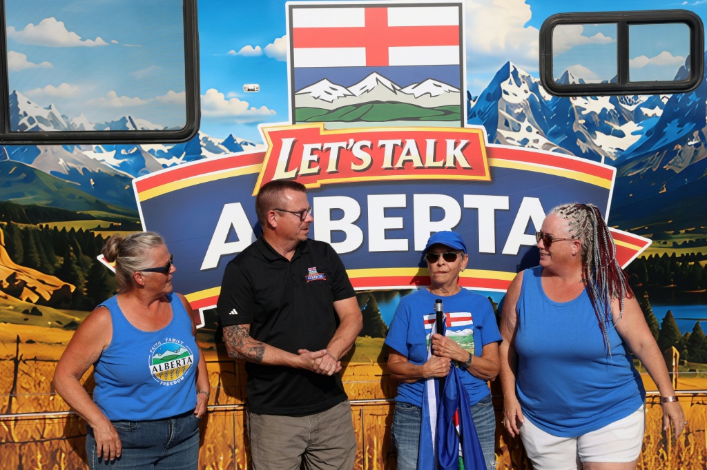 Christopher Scott, a Canadian podcaster and activist, joins separatists at an event advocating for Alberta's separation from Canada in Medicine Hat, Alberta, on September 23, 2026. — ABED ZAQ / AFP