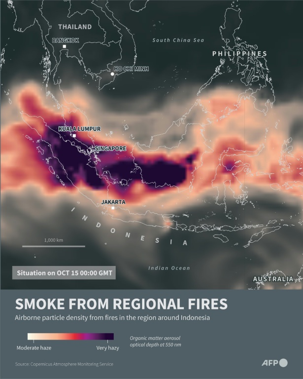 Infographic showing the level of haze in the region around Indonesia according to CAMS data — Nicholas SHEARMAN, John SAEKI / AFP