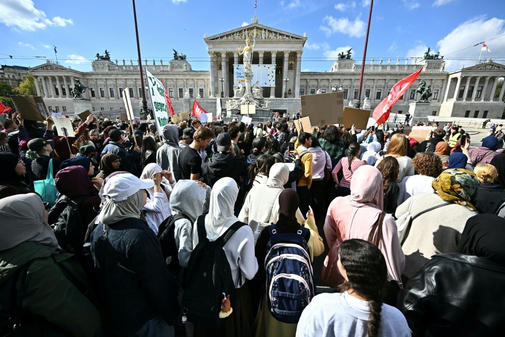 Opponents of Austria's school headscarf ban have held protests across the country, including in Vienna — Joe Klamar / AFP