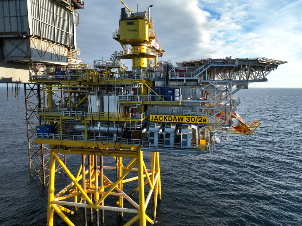A handout photo released by Adura on October 21, 2026, shows a Jackdaw gas production platform in the North Sea — Handout / AFP