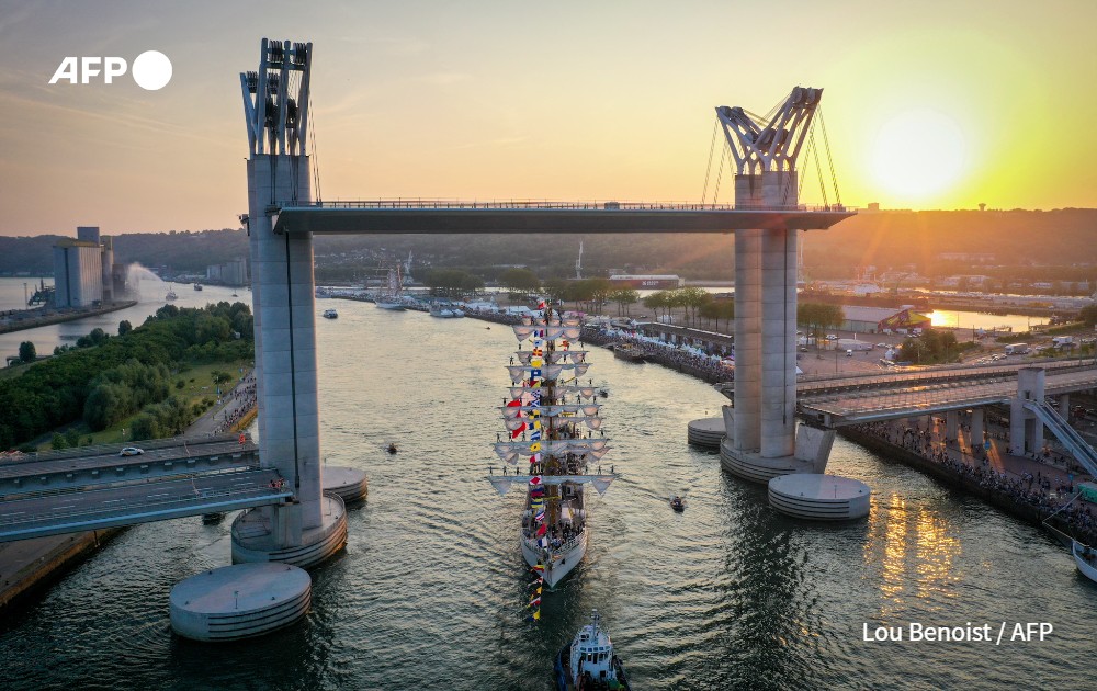 An aerial view shows the Cuauhthemoc ship passing under the Flaubert Bridge, Armada, Rouen