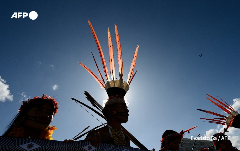 Brazilian Indigenous people from different tribes take part in a demonstration
