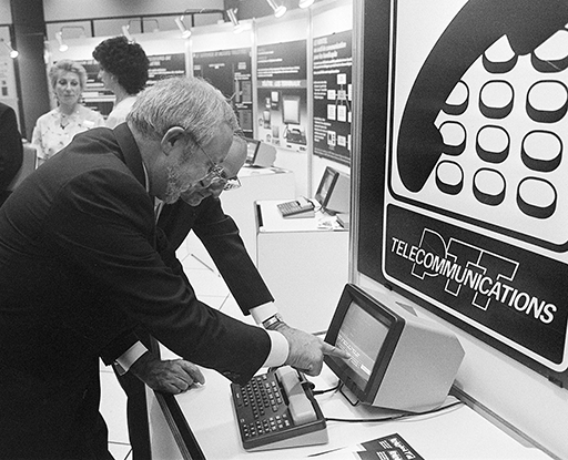 Telecommunications minister Louis Mexandeau inaugurates the Minitel in 1985.