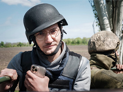 Arman Soldin on a Ukrainian military truck during an AFP reporting assignment in the Donbas region of Ukraine, 30 April 2022.