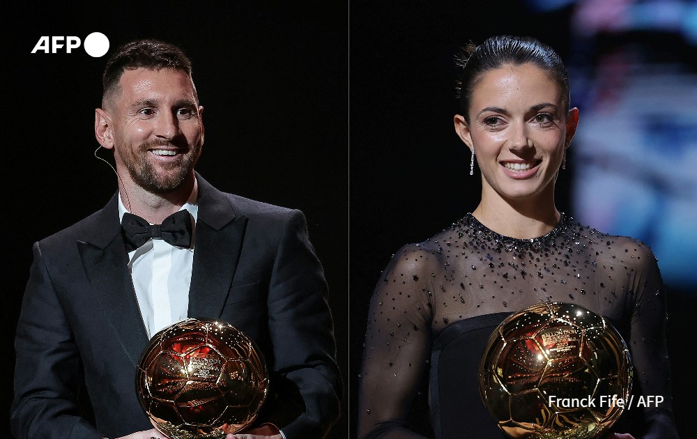 This combination of pictures created on October 30, 2023 shows Inter Miami CF's Argentine forward Lionel Messi (L) holding his 8th Ballon d'Or award and FC Barcelona's Spanish midfielder Aitana Bonmati 