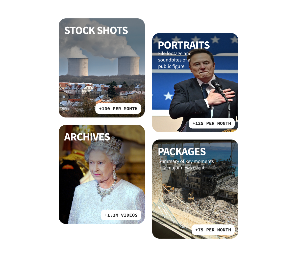 Stock shots, portraits, archives, packages.