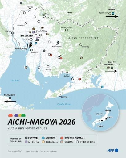 Infographic map showing the competition venues in and around Nagoya City for the 2026 Asian Games — Nicholas SHEARMAN / AFP