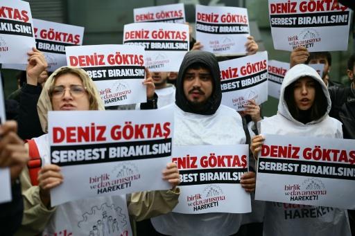 Protesters gathered outside court with placards reading: 'Release Deniz Goktas' — YASIN AKGUL / AFP