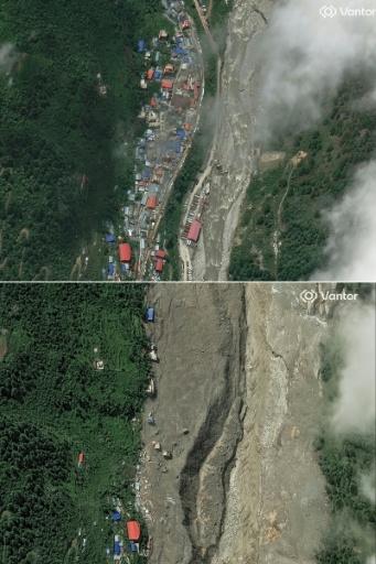 Satellite images released by Vantor shows a part of the town of Timure, Nepal on July 1, 2026 (top) and on August 28, 2026 (bottom) after the floods — - / AFP