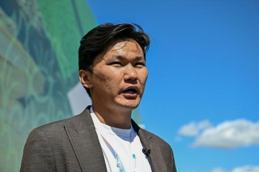 Bilgudei Gankhulug, founder of the Hunu app which allows nomads to keep track of their livestock via GPS and providing AI-powered weather updates — Hector RETAMAL / AFP