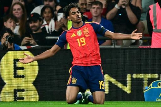 Spain forward Lamine Yamal celebrates his team's opening goal against England at Wembley — Ben STANSALL / AFP