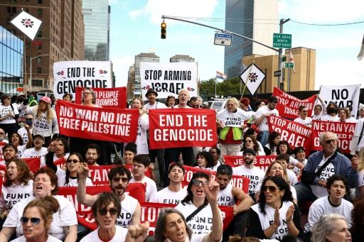 Several hundred protesters, some brandishing "stop the genocide" banners, gathered near the UN before his speech, with some carrying out acts of civil disobedience — CHARLY TRIBALLEAU / AFP