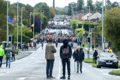 Protesters block the Garvaghy Road in Portadown, Northern Ireland to prevent a parade by the Protestant Orange Order through the mainly Catholic and nationalist area of the town — Paul Faith / AFP