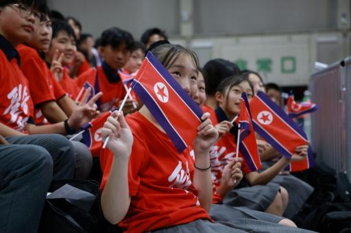 North Korea supporters wave flags during the men's 60kg weightlifting final at the 2026 Asian Games in Nagoya on September 24 — DAVID GRAY / AFP