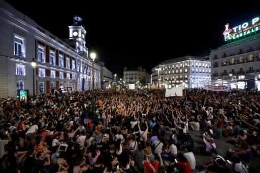 Demonstrators installed tents in central Madrid after the mass protest — Oscar DEL POZO / AFP