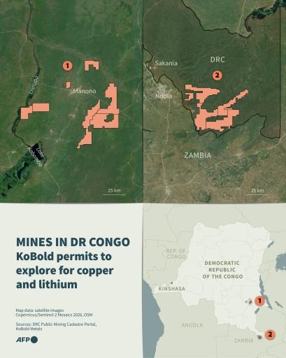 Infographic with a map and satellite images showing the Democratic Republic of the Congo and the mineral exploration permits held by the American company KoBold Metals — Sabrina BLANCHARD, Olivia BUGAULT / AFP