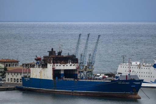 The Turkish-flagged Lider Bordo Mavi, seen here at Trabzon port with heavy damage to the bridge, suffered a drone attack in late August — Yasin AKGUL / AFP