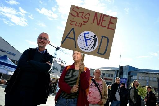 Una mujer sostiene un cartel contra el partido de ultraderecha AfD en Nuevo Brandeburgo, en el noreste de Alemania, el 18 de septiembre de 2026 — John MACDOUGALL / AFP