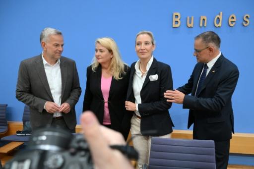 Les coprésidents du parti d'extrême droite Alternative pour l'Allemagne (AfD), Alice Weidel (d) et Tino Chrupalla (2e d), la tête de liste de l'AfD pour les élections régionales de Berlin, Kristin Brinker (2e g), et le candidat de l'AfD au poste de ministre-président du Mecklembourg-Poméranie-Occidentale, Leif-Erik Holm (g), arrivent pour une conférence de presse à Berlin, le 21 septembre 2026 — RALF HIRSCHBERGER / AFP