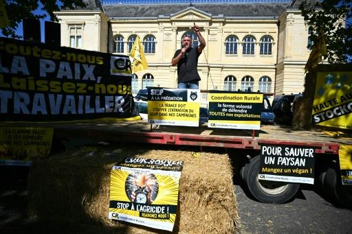 Le dirigeant de la Coordination rurale (CR), Bertrand Venteau, manifeste devant le tribunal d'Auch (Gers) le " septembre 2026 — Lionel BONAVENTURE / AFP