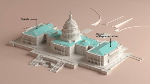 3D animation showing the United States Capitol in Washington DC, locating the House of Representatives and the Senate. VIDEOGRAPHIC