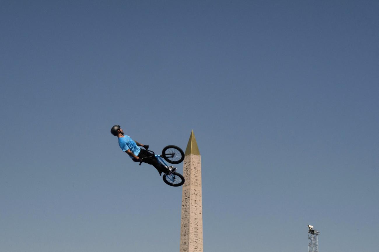 Jose Torres Gil takes part in a BMX freestyle training session during the Paris 2024 Olympic Games.