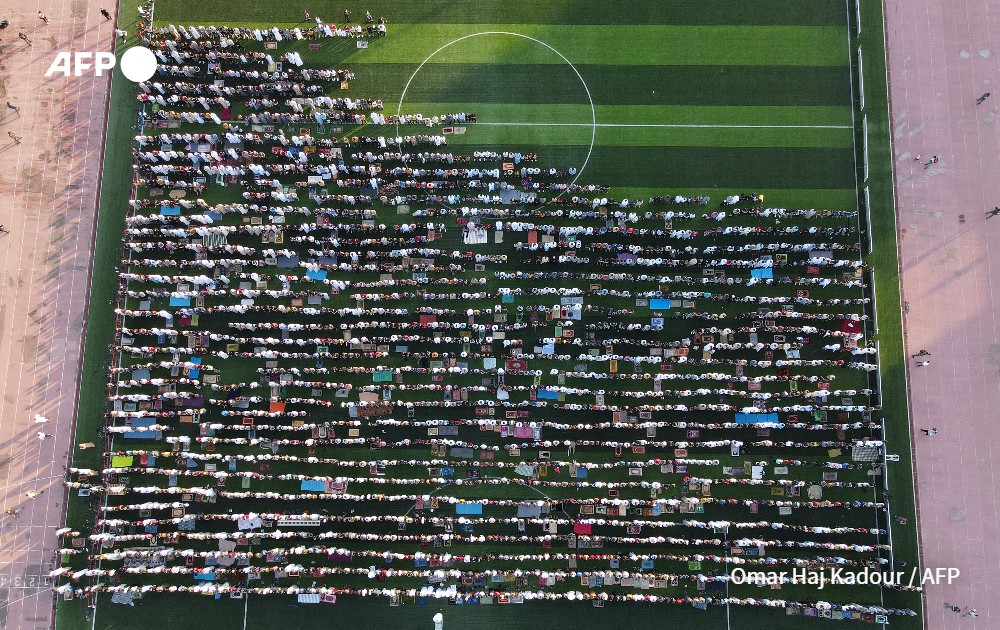 Aerial view shows Muslim worshippers