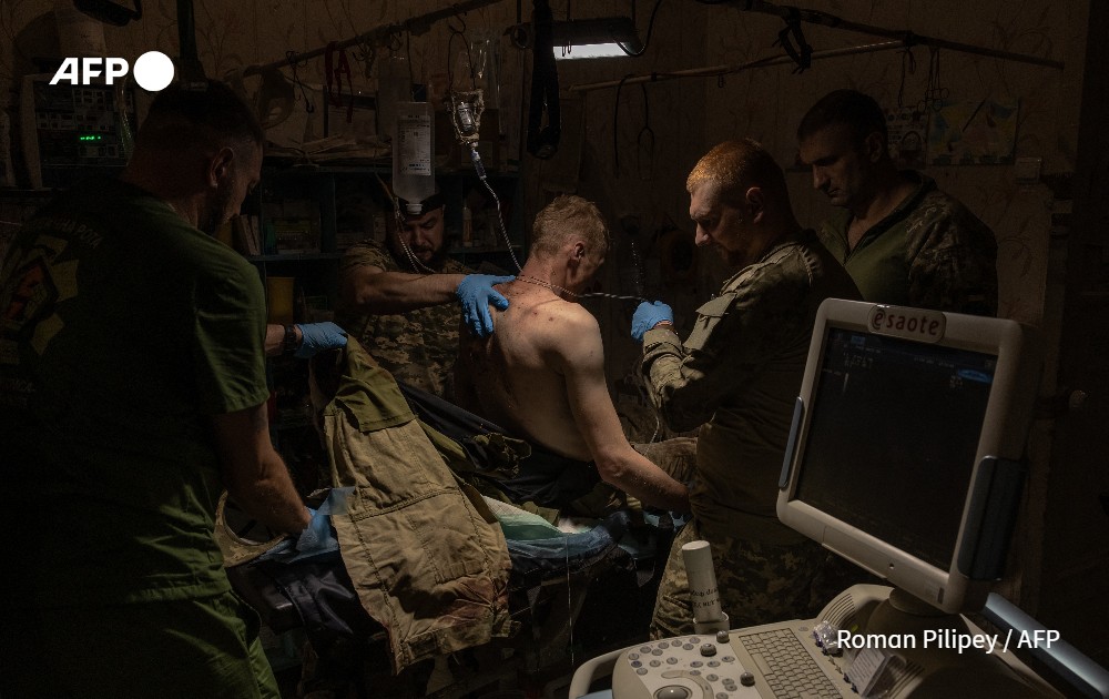 A wounded Ukrainian soldier is treated