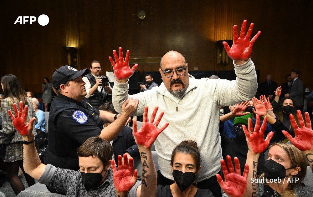 Protesters is removed while others raise their painted hands as US Secretary of State Antony Blinken and Defense Secretary Lloyd Austin testify during a Senate Appropriations Committee hearing to examine the national security supplemental request